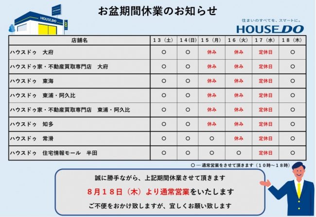 お盆期間休業のお知らせ